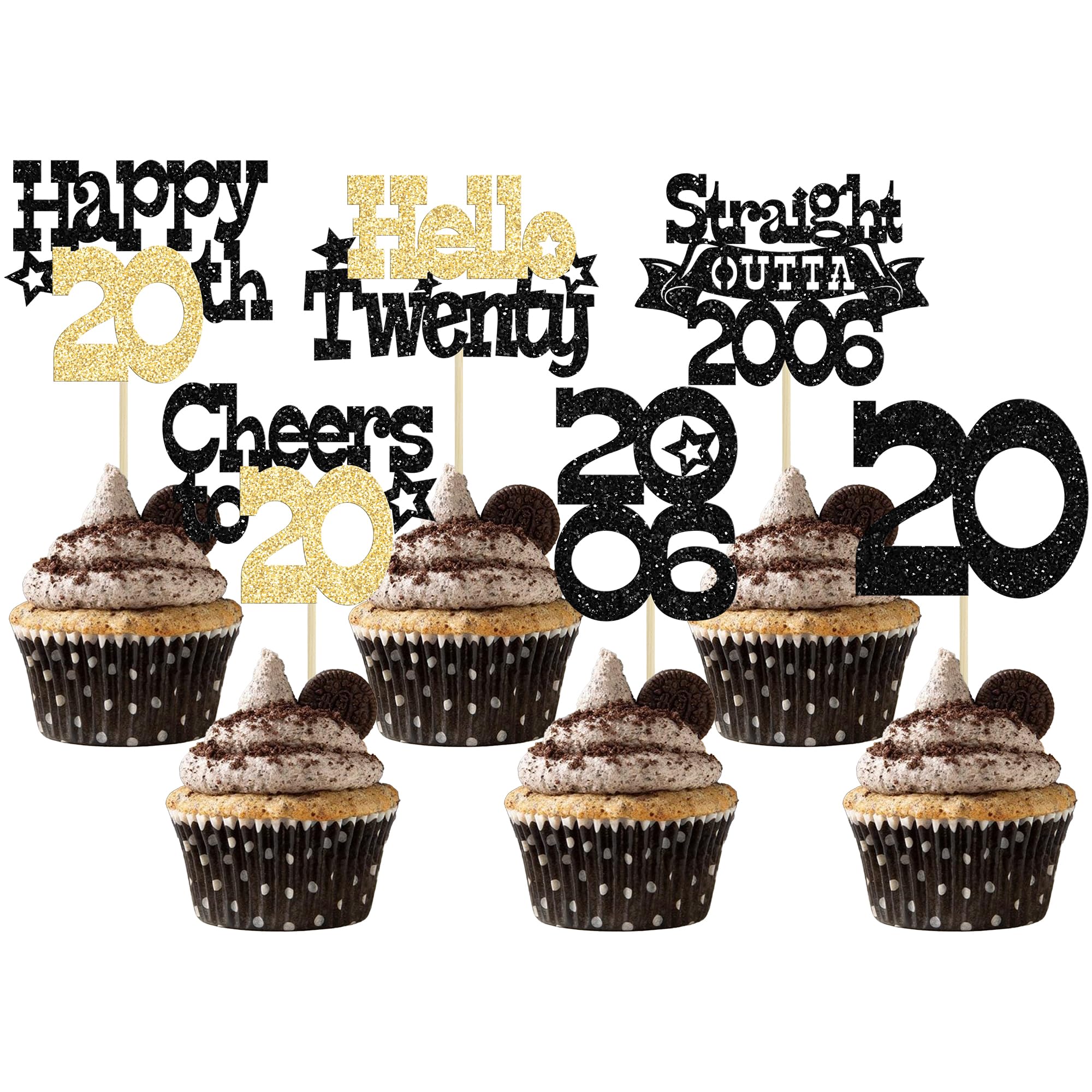 Ephlyn 30Pcs Straight Outta 2006 Cupcake Toppers Glitter Twenty Happy 20th Birthday Cupcake Picks Cheers to 20 Years Cake Decorations for 20th Birthday Anniversary Party Supplies Black Gold — image 1