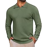 lexiart Mens Knit Polo Shirts Long Sleeve V Neck Breathable Soft Casual Lightweight Solid Color Golf Shirts