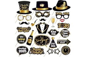 KALOR New Years Eve Photo Booth Props 2026, 25 Pcs Black Funny 2026 NYE Party Photo Booth Props for Happy New Year 2026 Decorations