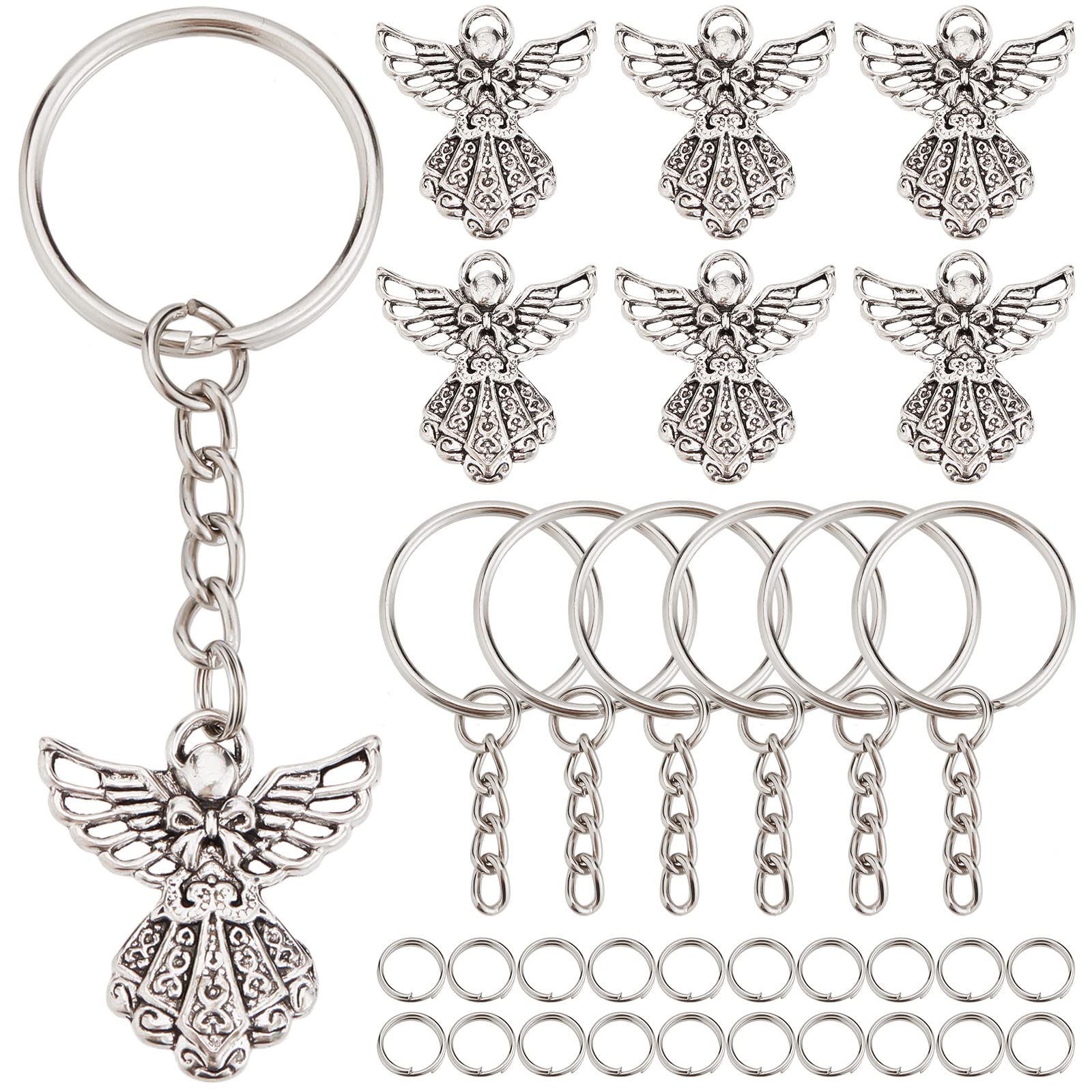 SUNNYCLUE 1 Box 90Pcs DIY 30 Set Guardian Angel Charm Keychain Christmas Angel Charms Bulk Tibetan Fairy Wing Keychain Making Kit Double Loop Round Spilt Metal Jump Rings Key Chain Antique Silver