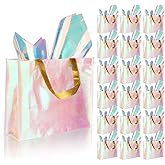 20 Pack Iridescent Gift Bags, Holographic Reusable Iridescent Party Favor Gift Bags With Handles And Tissue Paper, 13 x 5 x 11 Inch Large Size Pink Bridesmaid Tote Bags, For Wedding Birthday Holiday