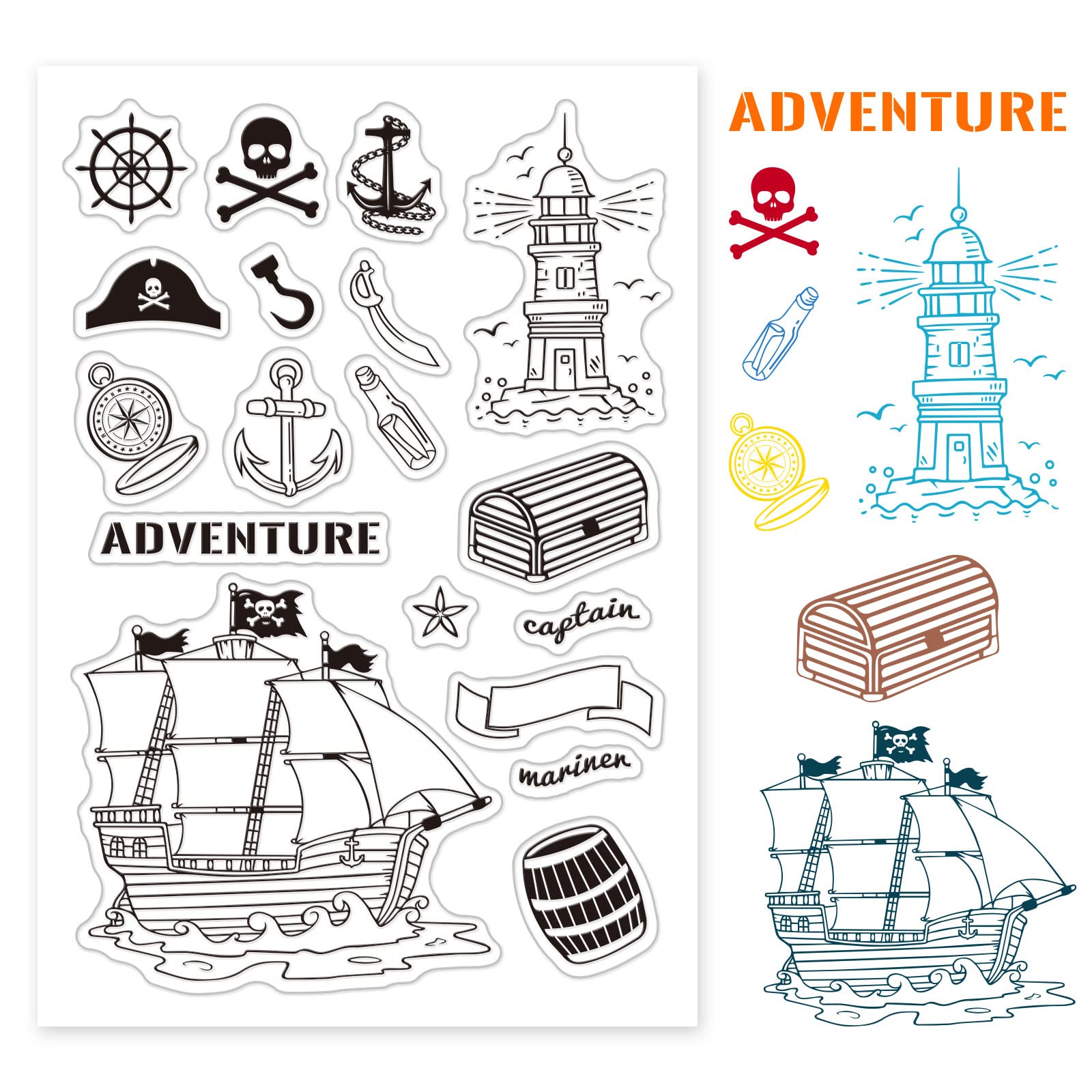 GLOBLELAND Sailing Adventure Themed Silicone Clear Stamps Treasure Chest Compass Pirate Ship Pattern Acrylic Stamps for Album Photo Scrapbooking Card Decoration, 160 x 110 mm
