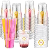 Blushtier 100 Set 12 oz Small Daisy Disposable Cups with Lids and Straws for Hawaiia and Summer Party Supplies Drinkware Clear Disposable Birthday Party Plastic Cups Bright Colors(Small Daisy)