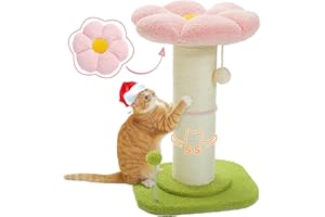 PEQULTI Flower Cat Scratching Post, Small Cat Tree, Scratcher for Indoor Cats with Super Thick Scratching Post [Dia=5.5''], Removable Flower Bed, Cat Scratch Post with Spring Ball, Pink