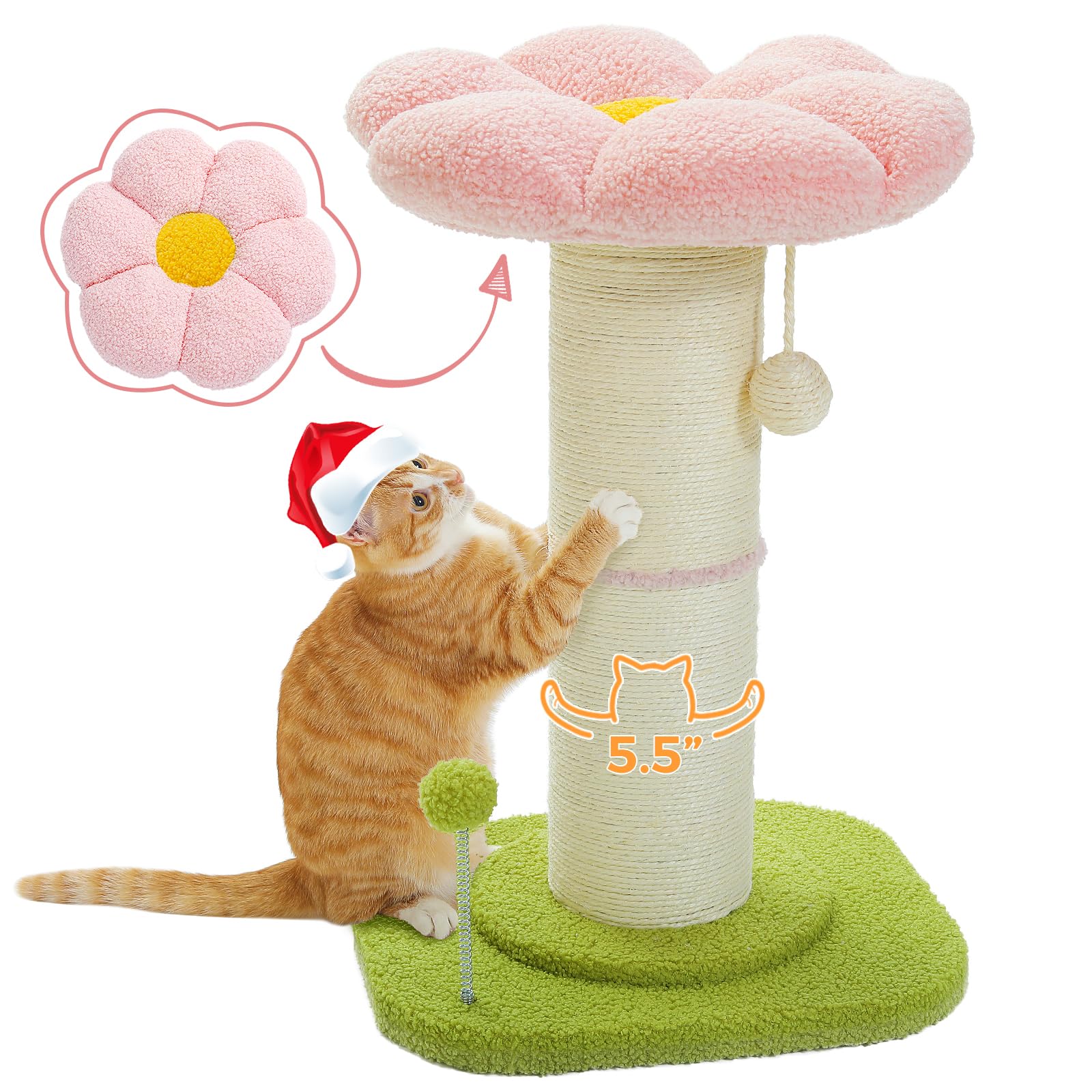 Photo 1 of PEQULTI Flower Cat Scratching Post, Small Cat Tree, Tall Cat Scratcher for Indoor Cats with Super Thick Scratching Post [Dia=5.5''], Removable Flower Cat Bed, Cat Scratch Post with Spring Ball, Pink