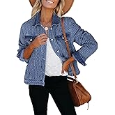 luvamia Jean Jacket Women Trendy Texture Distressed Button Down Long Sleeves Casual Trucker Denim Jackets with Pockets