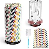 Coldairsoap 360° Rotating Straw Container with 100 Party Straws, Large Acrylic STRAW Dispenser for Counter, Cabinet straw Holder Organizer for Bar, Kitchen, Office Drinking straw Dispensers
