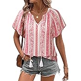 Unixseque Summer Tops for Women Casual Boho Blouses Short Sleeve V Neck Shirts Tie Front 2025 Trendy Beach Vacation Clothes