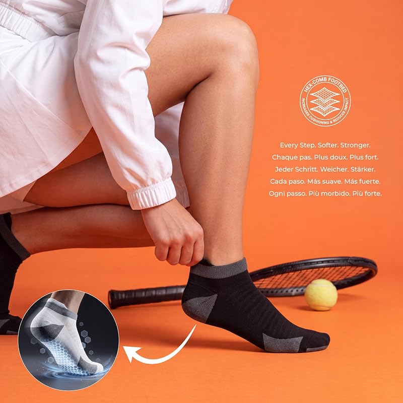 6 Paar Herren Sportsocken aus Baumwolle | Sneaker Socken | DRI-WIK Feuchtigkeitskontrolle | Gepolstertes Fußbett mit Fußgewölbe-Kompression | Verstärkte Ferse & Spitze (43-46, Schwarz)