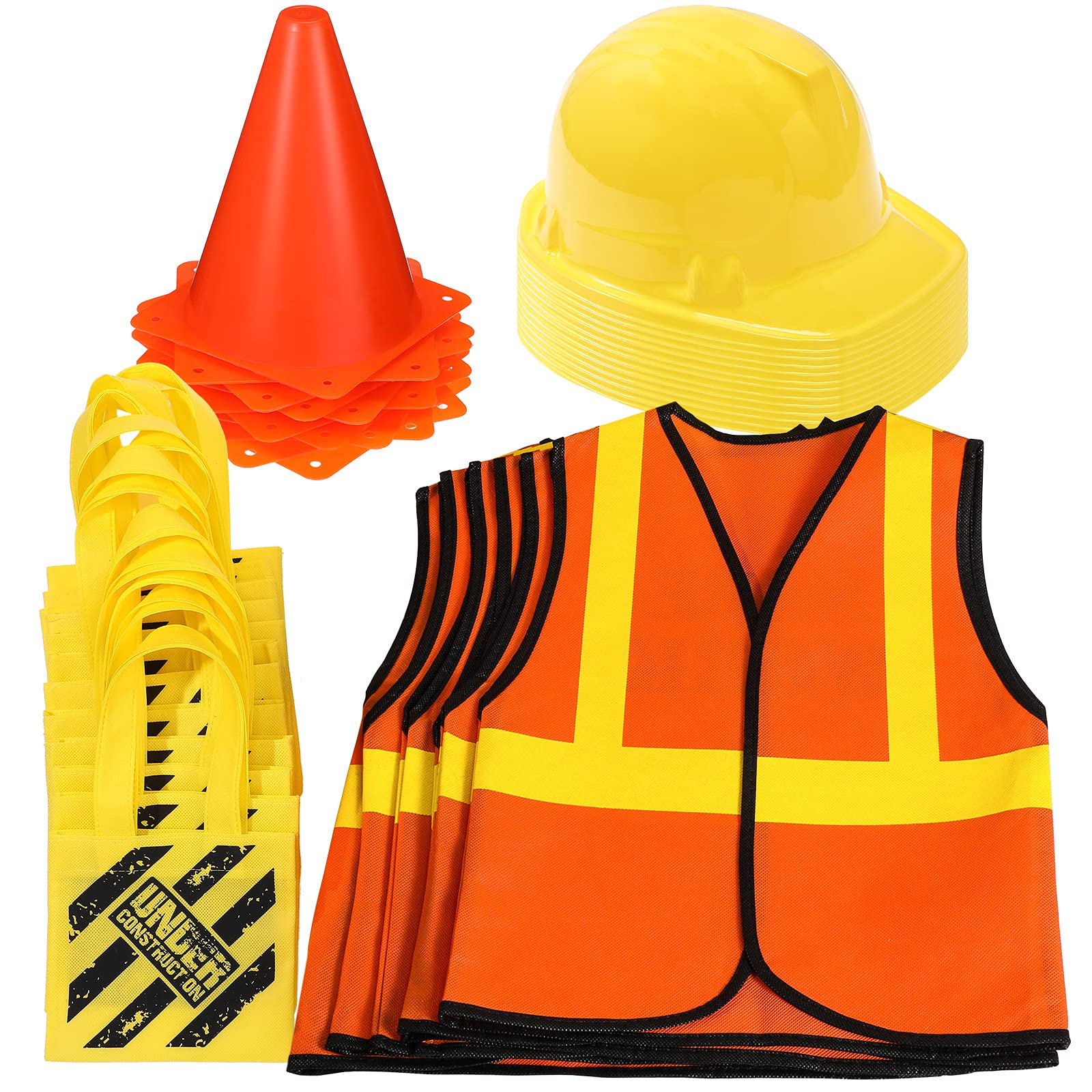 Photo 1 of Gejoy 48 Pcs Kids Construction Birthday Party Supplies Worker Costume Role Play Construction Hats and Vests for Kids Tote Bag and Traffic Cones for Dress up Supplies