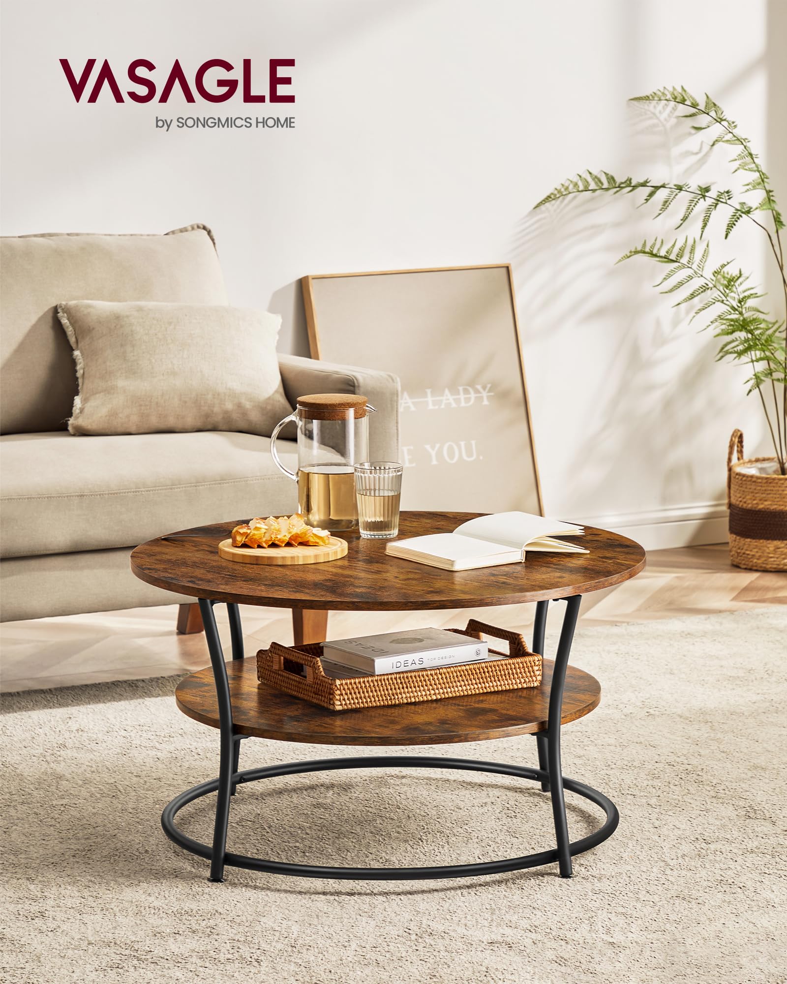 VASAGLE Couchtisch rund, Wohnzimmertisch, Sofatisch mit Ablage, einfacher Aufbau, Metall, Industrie-Design, vintagebraun-tintenschwarz LCT80BX 2