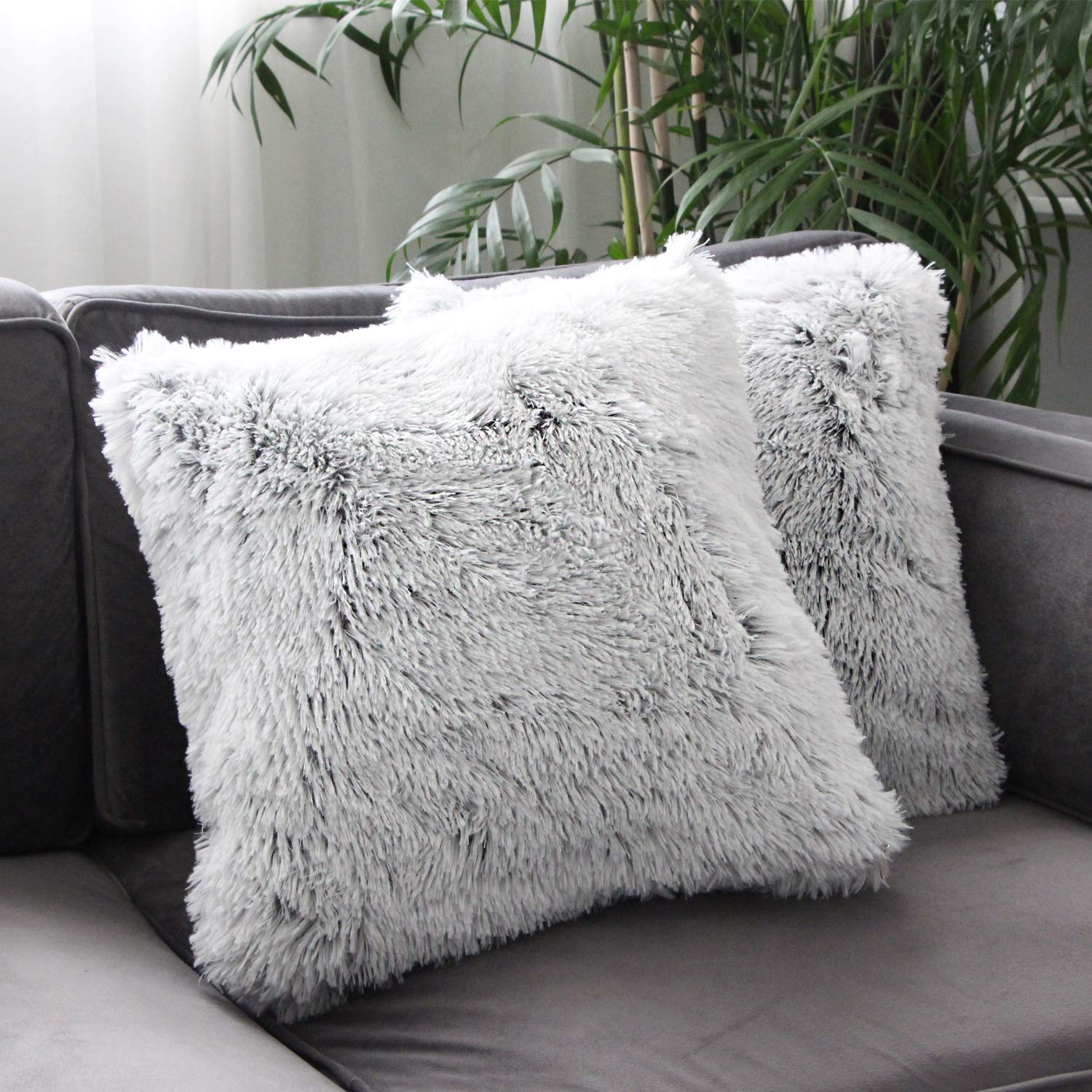 Uhomy 2 Packs Fluffy Plush Pillow Cover 18"x18", Luxury Gray Soft Fuzzy Faux Fur Throw Pillow Cover Cushion Case for Sofa Bed, Fall Winter Home Decorative Gray Ombre 45x45 cm Two Sides Fur