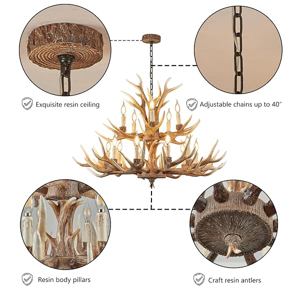 VIMATTO FARMHOUSE DEER CHANDELIER DOUBLE LAYER 10+5 LIGHT BROWN ANTLER CHANDELIER LIGHTING, VINTAGE RUSTIC ANTLER LAMPS RUSTIC ART DECO STYLE LIVING ROOM DINING ROOM (10+5 LIGHT ARMS + 3 ARMS)