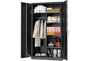 Greenvelly Metal Storage Cabinet with Locking Doors, 72" Tall Metal Storage Wardrobe Cabinet, Steel Storage Freestanding Wardrobe with Hanging for Home Office, Garage, School, Gym