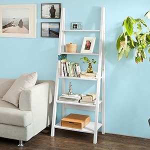 Haotian FRG61-W, Modern 5 Tiers Ladder Shelf Bookcase, Wood Storage Display Shelving, Wall Shelf, W64xD39xH180cm, White