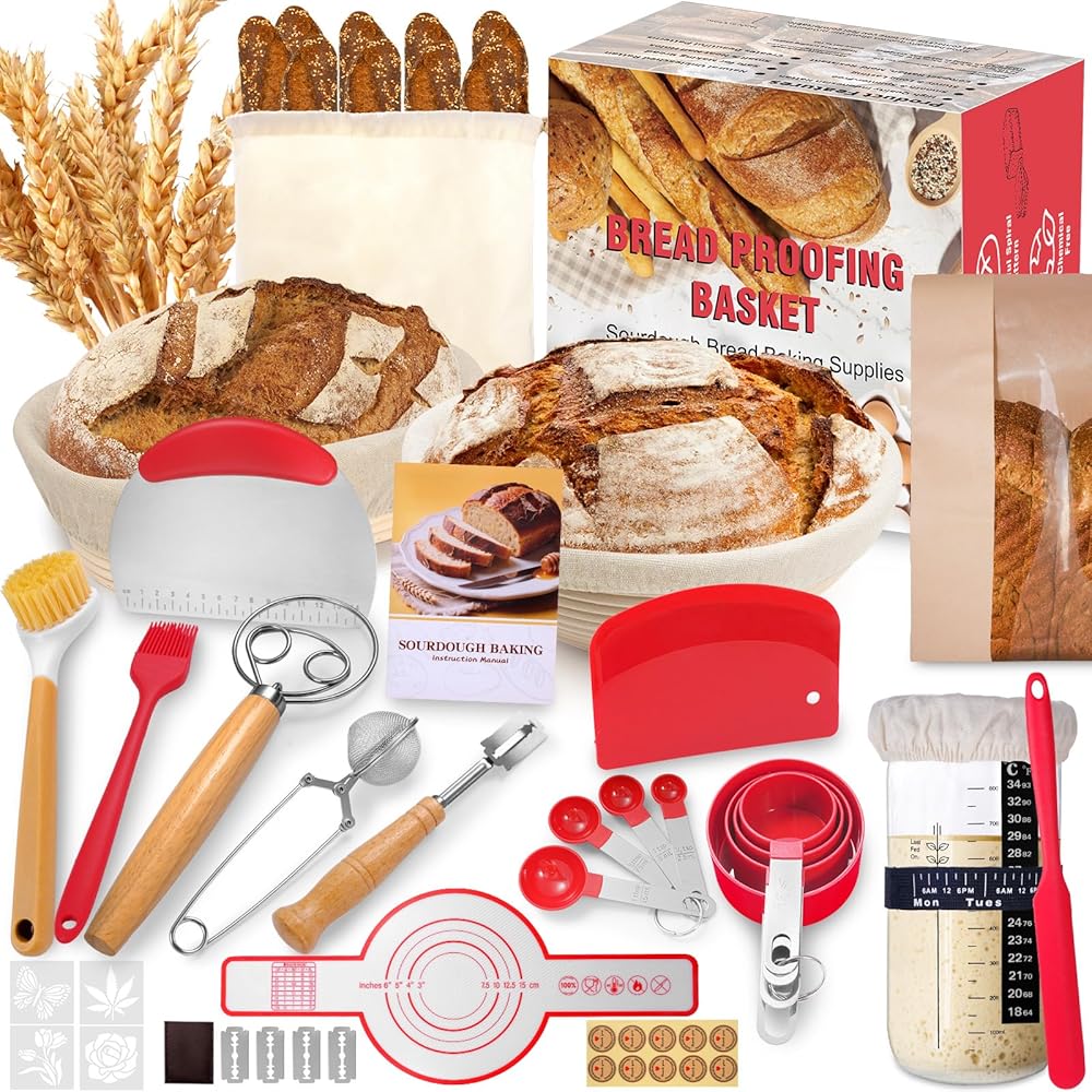 EWFEN Sourdough Starter Kit with Round &amp; Oval Banneton, Complete Sourdough Bread Baking Supplies, Bread Proofing Basket with