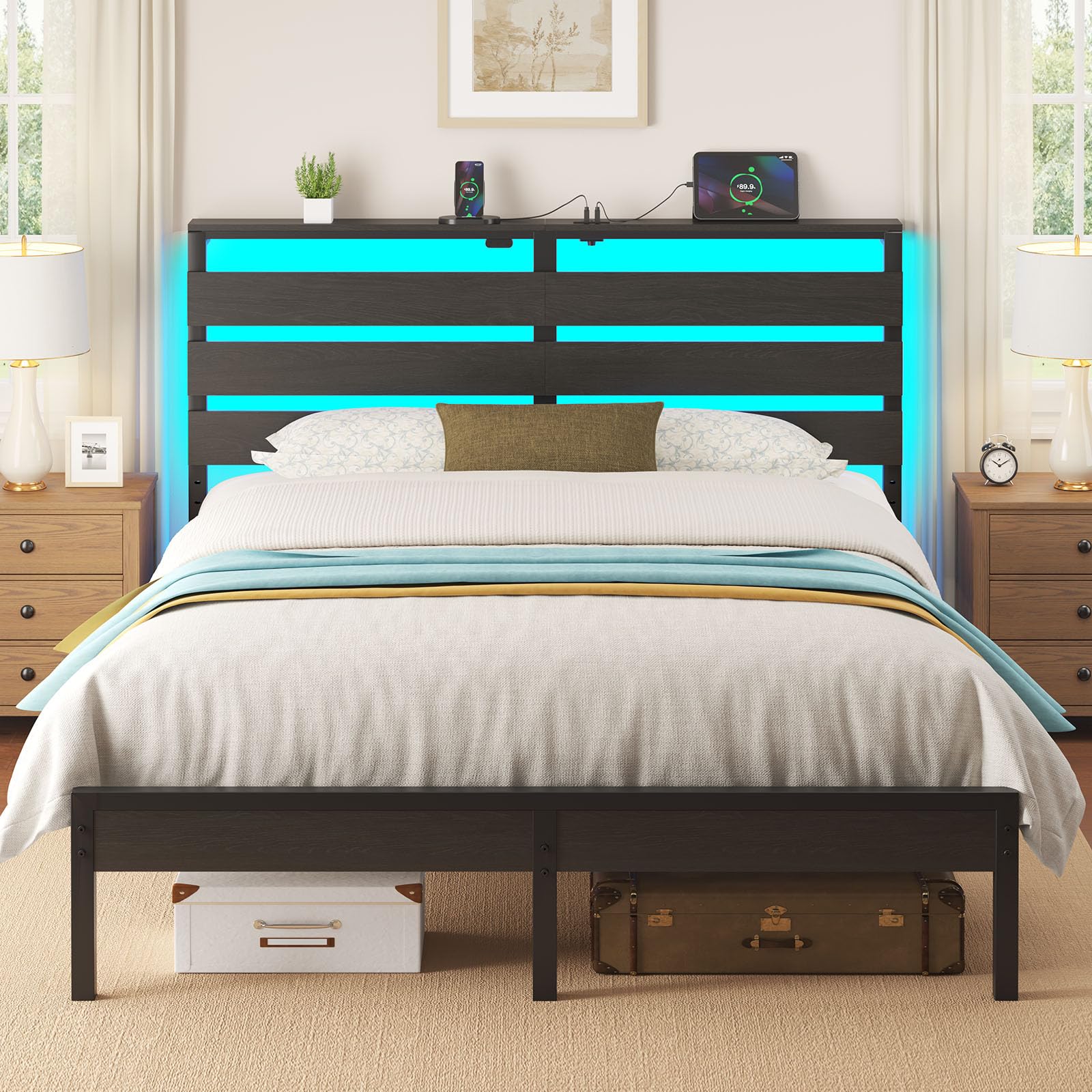 Photo 1 of *PARTIAL SET - See Clerk Notes*
Rolanstar Full Size Bed Frame with USB Charging Station, LED Bed Frame with Wood Storage Headboard, Black Metal Platform Bed with Under Bed Storage, No Box Spring Needed, Noise Free