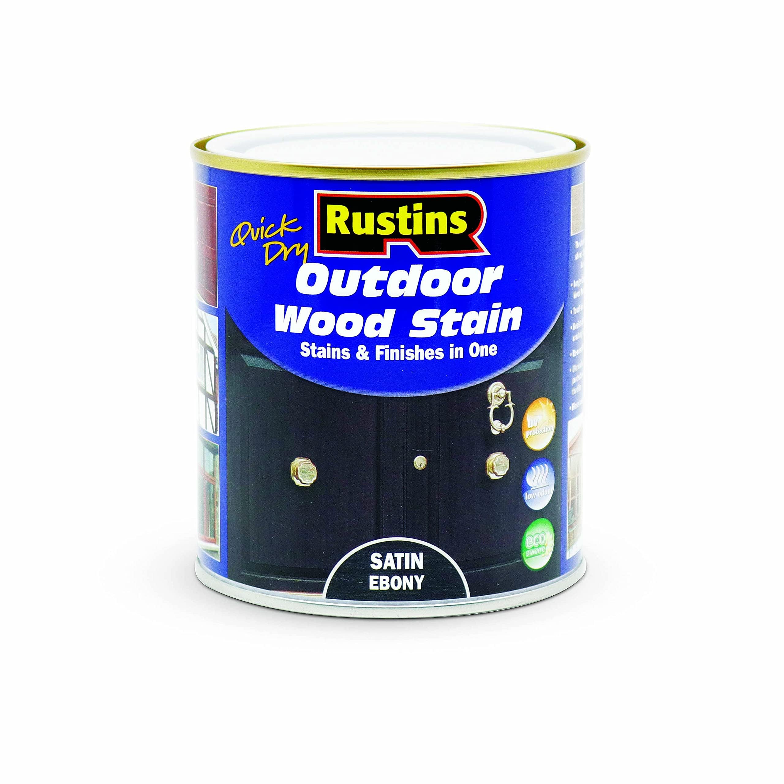 Rustins Quick Dry Outdoor Wood Stain Ebony 500ml- Durable and Weather-Resistant Finish, Fast Drying, Vibrant Color for Decks, Fences, & Furniture, Available in Many Wood Shades