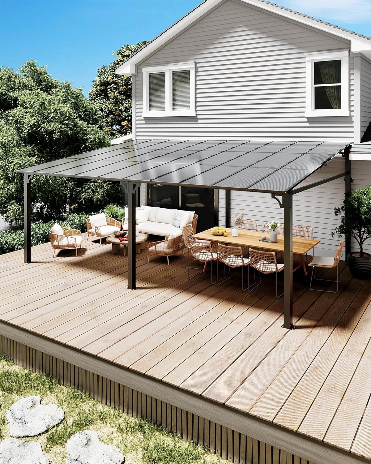 Photo 1 of 10x14 FT Gazebo for Patio, Wall Mounted Lean to Hardtop Gazebo Pergola with 6Mm Sloped Roof Heavy Duty Awnings for Porch, Decks, Backyard to Shade & Rain