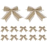 AIMUDI Natural Burlap Bows with Lace 4 Inch Handmade White Lace Jute Bows Pre Tied Gift Bows for Crafts Burlap Bows for Christmas Trees Vintage Wedding Decorative Bows for Party - 12 Counts