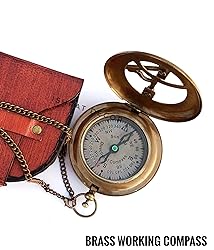 Brass Sundial Compass with Leather Case and Chain