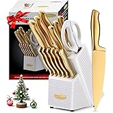 Marco Almond® Gold Knife Set, Knife Block Set MA21,Titanium Coated 14 Pieces Stainless Steel Chef Gold Kitchen Knife Sets with White Block
