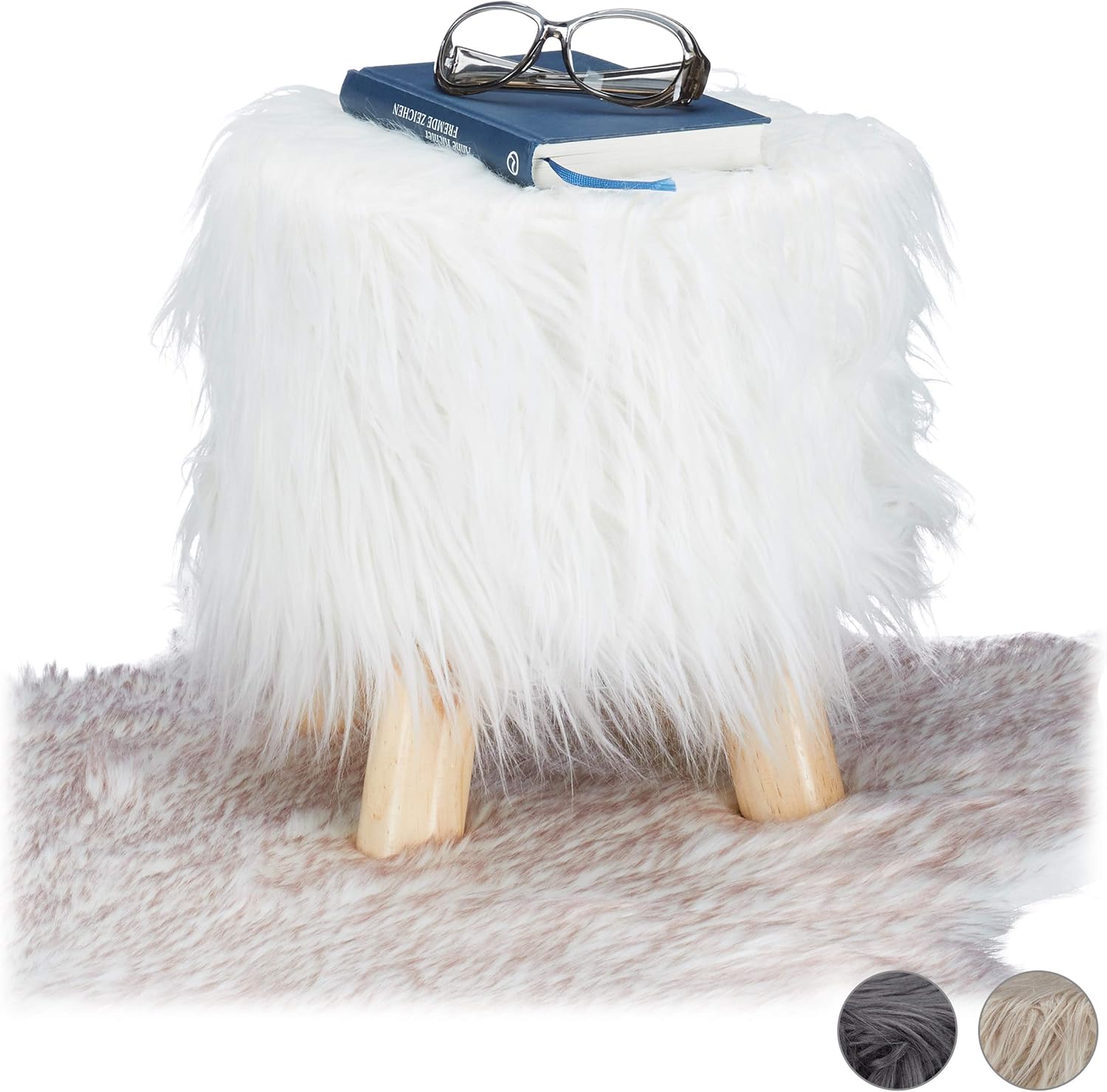 Relaxdays Faux Fur Stool, Fluffy, 4 Wooden Legs, Padded Footstool, Round, Decorative Stand HxD: 31x31 cm, White