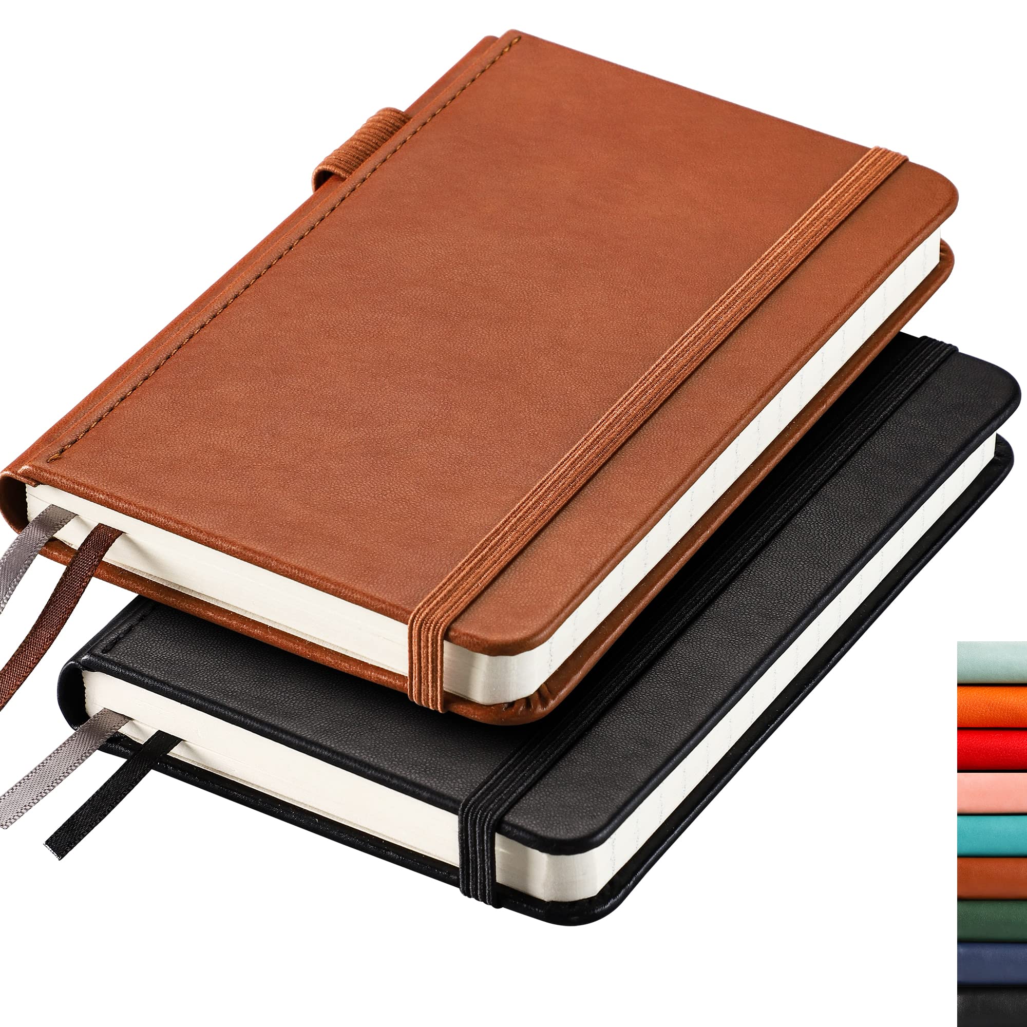 RETTACY Pocket Notebook A6 Mini Notepad 2 Pack Small Hardcover Journal with Content,312 Numbered Pages, 2 Inner Pocket, 100gsm Lined Paper 8.5 x 14 cm - Black Brown