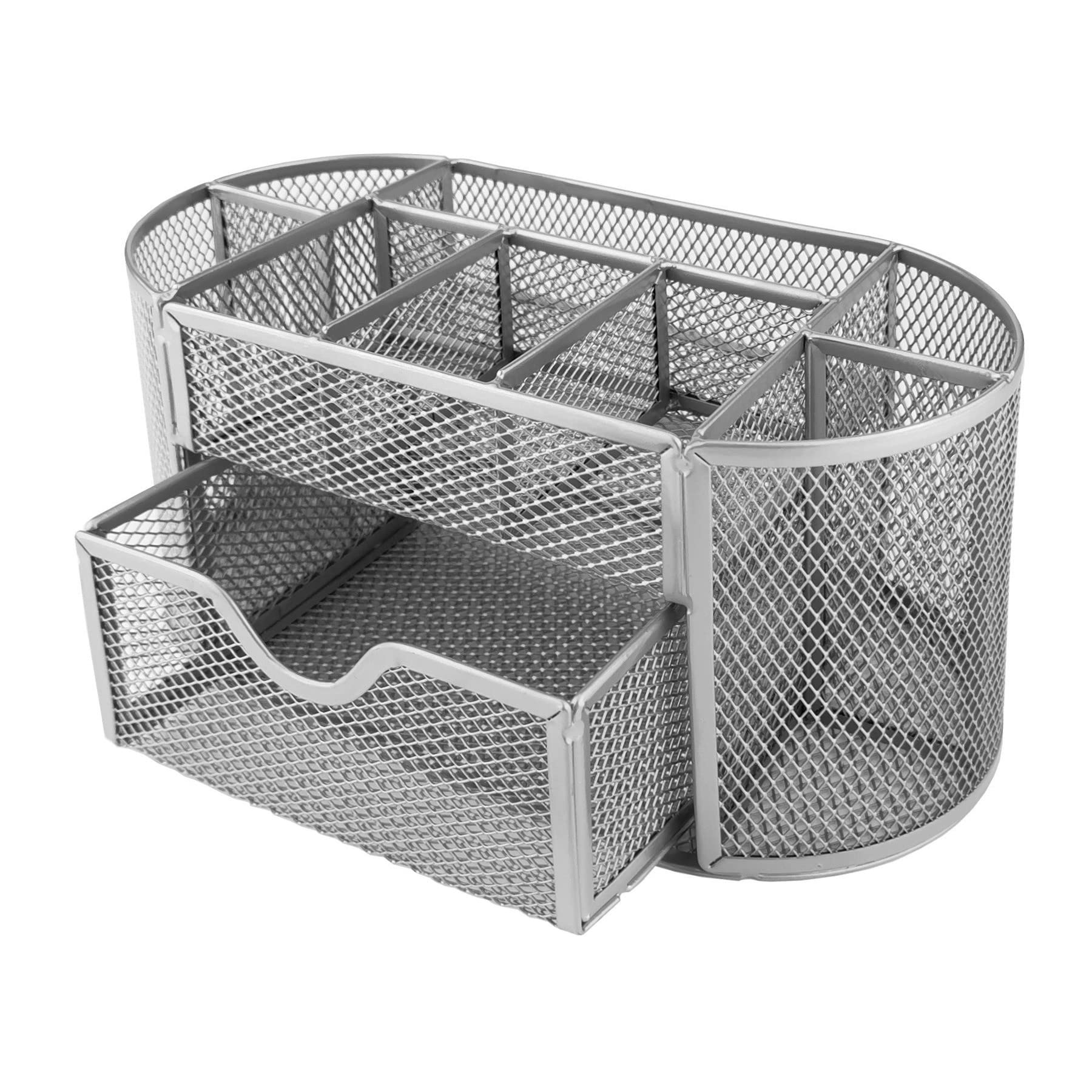 D.RECT Desk Organiser, Pen Holder, Pen Holder, Table Organiser Made of Metal, Office Tray with Note Holder Mesh, 350 x 297 x 275 mm, Silver