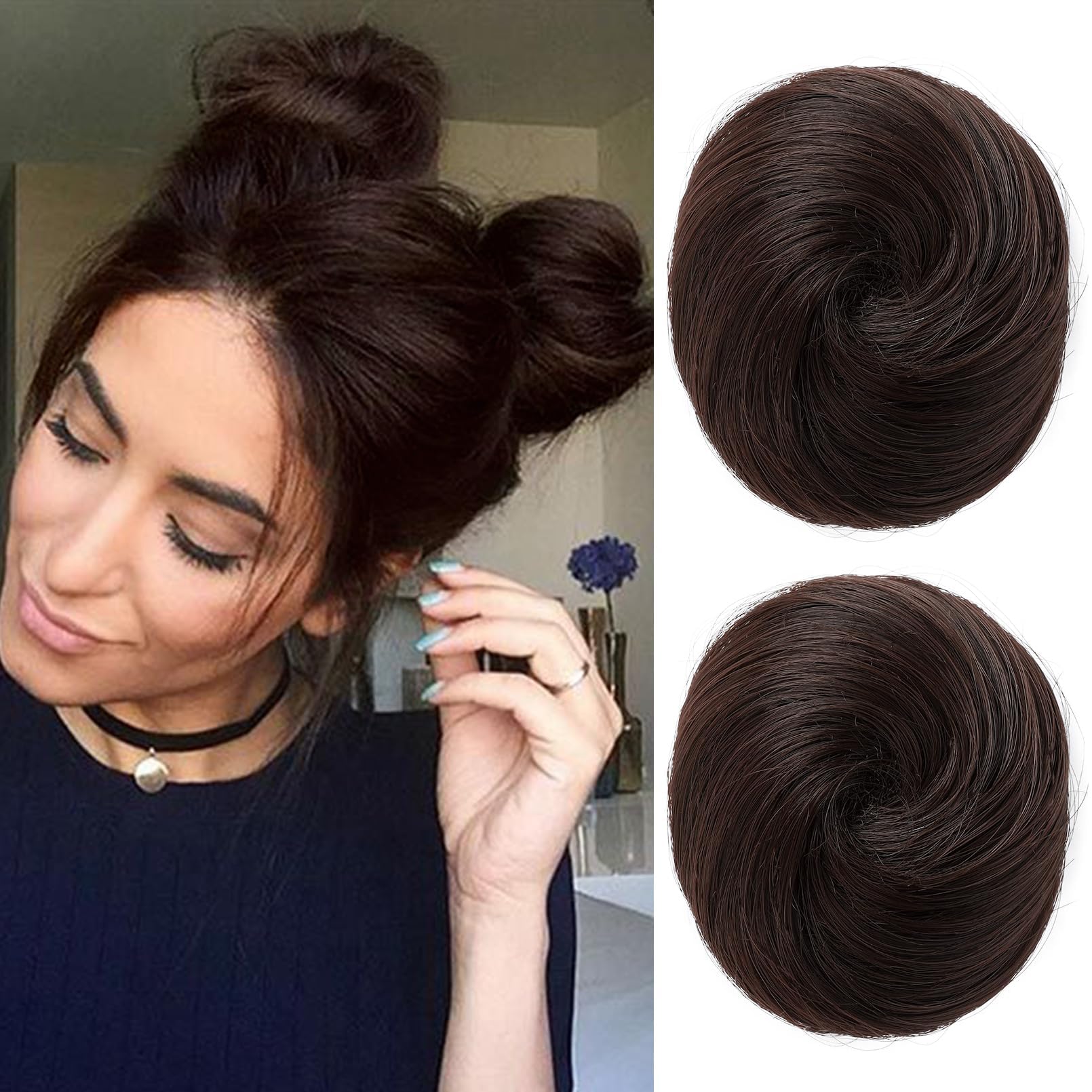 REECHO 2 PCS Mini Claw Clip in Messy & Cat Ears Hair Bun Extensions Wig Accessory Updo Hairpieces for Women Girls (Pack of 2-3" Straight, Dark Brown)