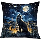 XUNLURY Starry Night Fox Throw Pillow Covers 18x18, Witchy Home Decor, Whimsical Mystical Celestial Moon Forest Animal Decorative Pillow Cases for Bedroom Living Room Home
