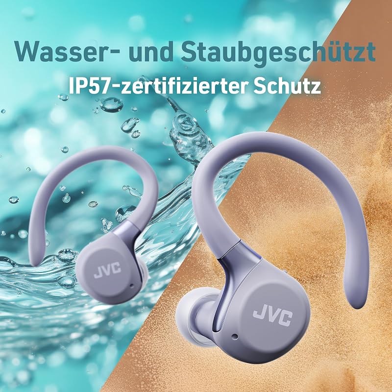 Fitness Series True Wireless Sport-Kopfhörer mit verstellbaren Bügeln, Active Noise Cancelling, Umgebungsmodus, IP57, 40 Std. Akkulaufzeit, App-EQ, geringe Latenz, Mikrofon – JVC HA-EC75T-V Violett