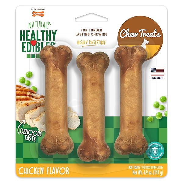 NYLABONE HEALTHY EDIBLES NATURAL DOG CHEWS LONG LASTING CHICKEN FLAVOR TREATS FOR DOGS, SMALL/REGULAR (3 COUNT)