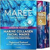MAREE Collagen Facial Mask with Hyaluronic Acid — Sheet Face Mask Skincare — Centella Asiatica, Green & Red Algae Extract — Hydrating Facemask For Women Skin Care — Mascarillas Para La Cara — 6 Count