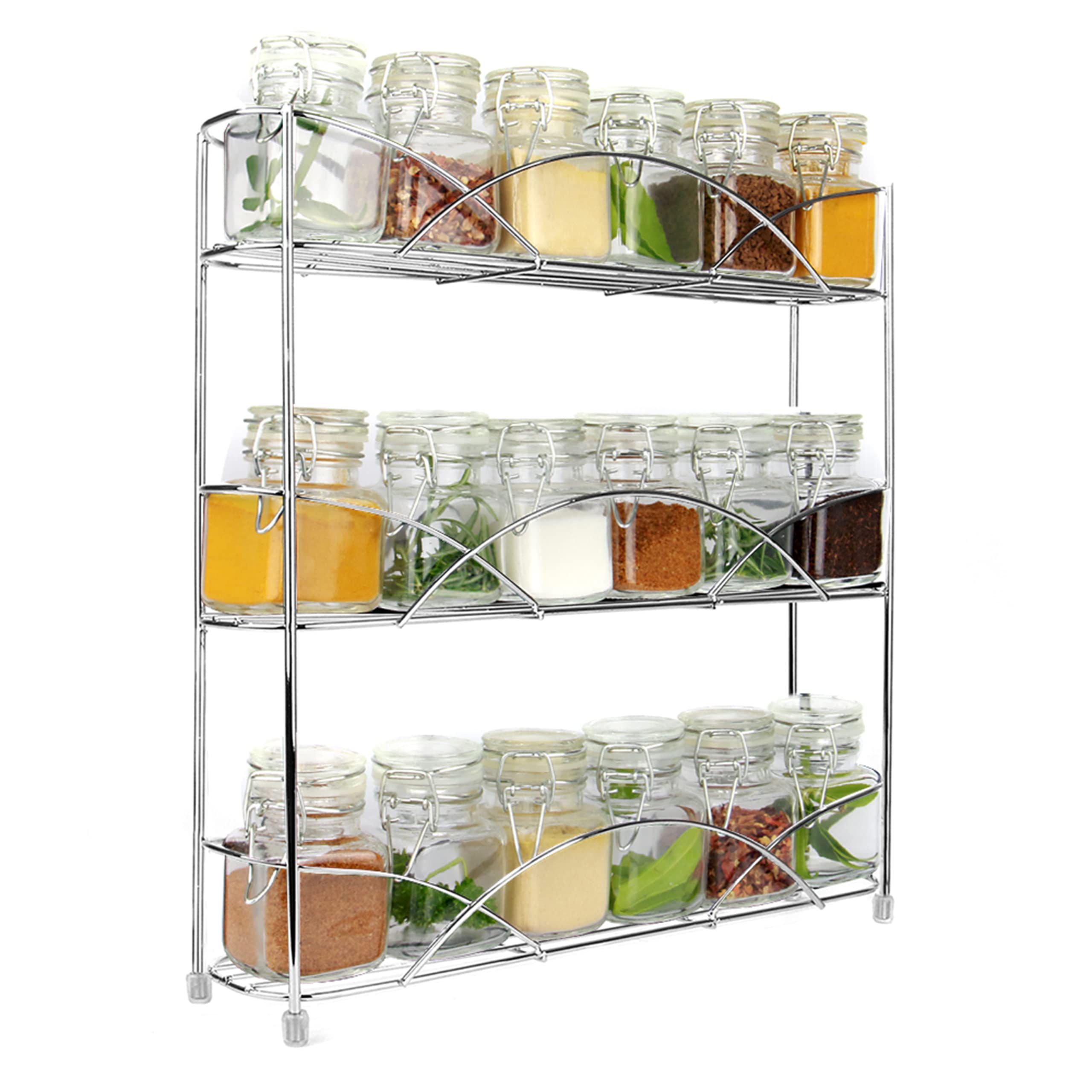 Maison & White 3-Tier Chrome Spice Rack – Freestanding Herb & Spice Jar Organizer Holding 18 Bottles – Kitchen & Pantry Storage with Non-Slip Shelves