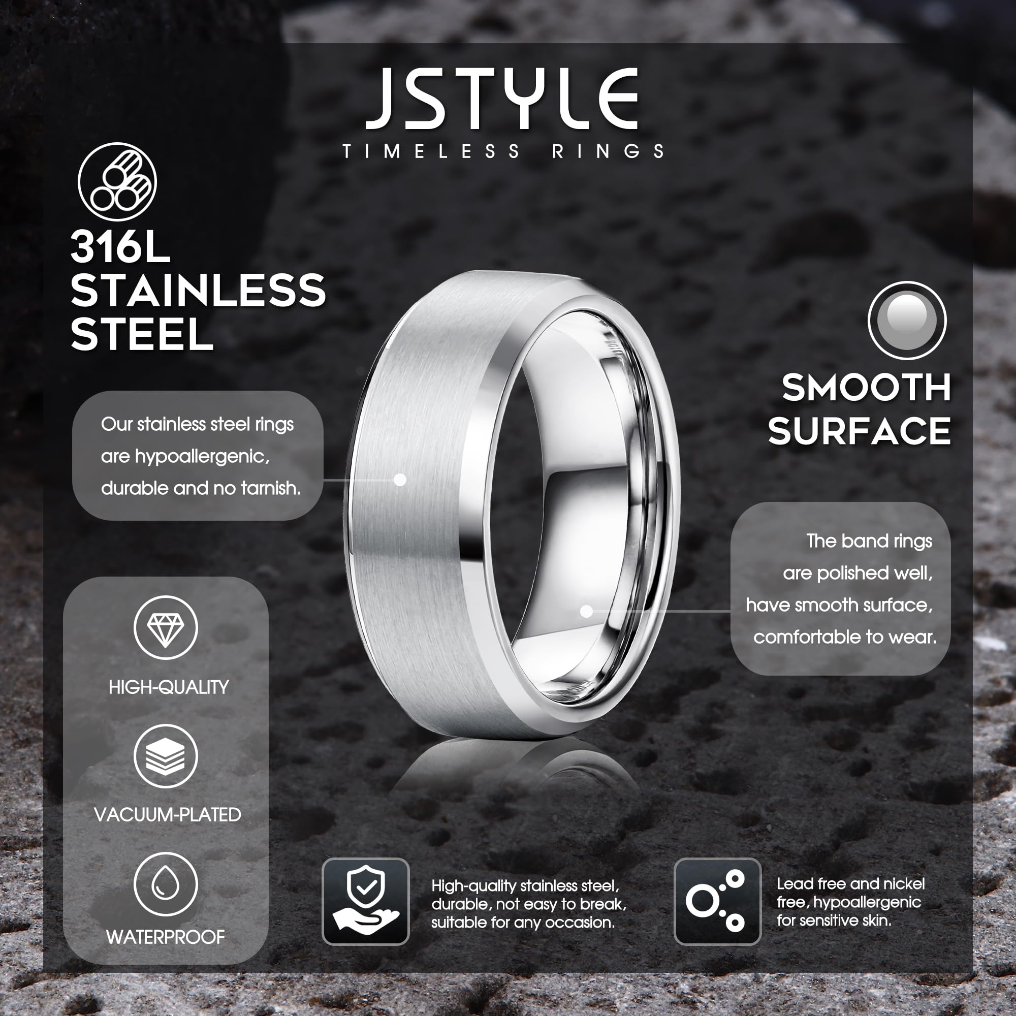 Jstyle Stainless Steel Rings for Men Wedding Ring Cool Simple Band 8MM Width 3 Pcs A Set