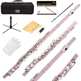 Mendini by Cecilio 16 Keys Closed Hole C Flute Kit for Beginners - Pink | Beginner Flute Kit with Carrying Case, Stand, Tuning Rod, Adjustment Screws, Cork Grease, Lesson Book, Cleaning Kit, Gloves