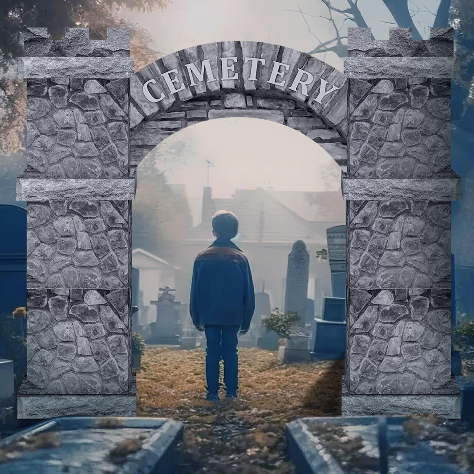 Photo 1 of Bucherry 15 Pcs Halloween Decorations Cardboard Cemetery Archway Graveyard Castle with Arch Large Halloween Haunted Playhouse Tombstone for Cemetery Headstones Trunk or Treat Car Decorations Kit