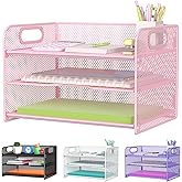 Samstar 3 Tier Pink Letter Tray Paper Organizer with Handle, Mesh Desk Organizer Paper Sorter File Rack Shelves, Pink