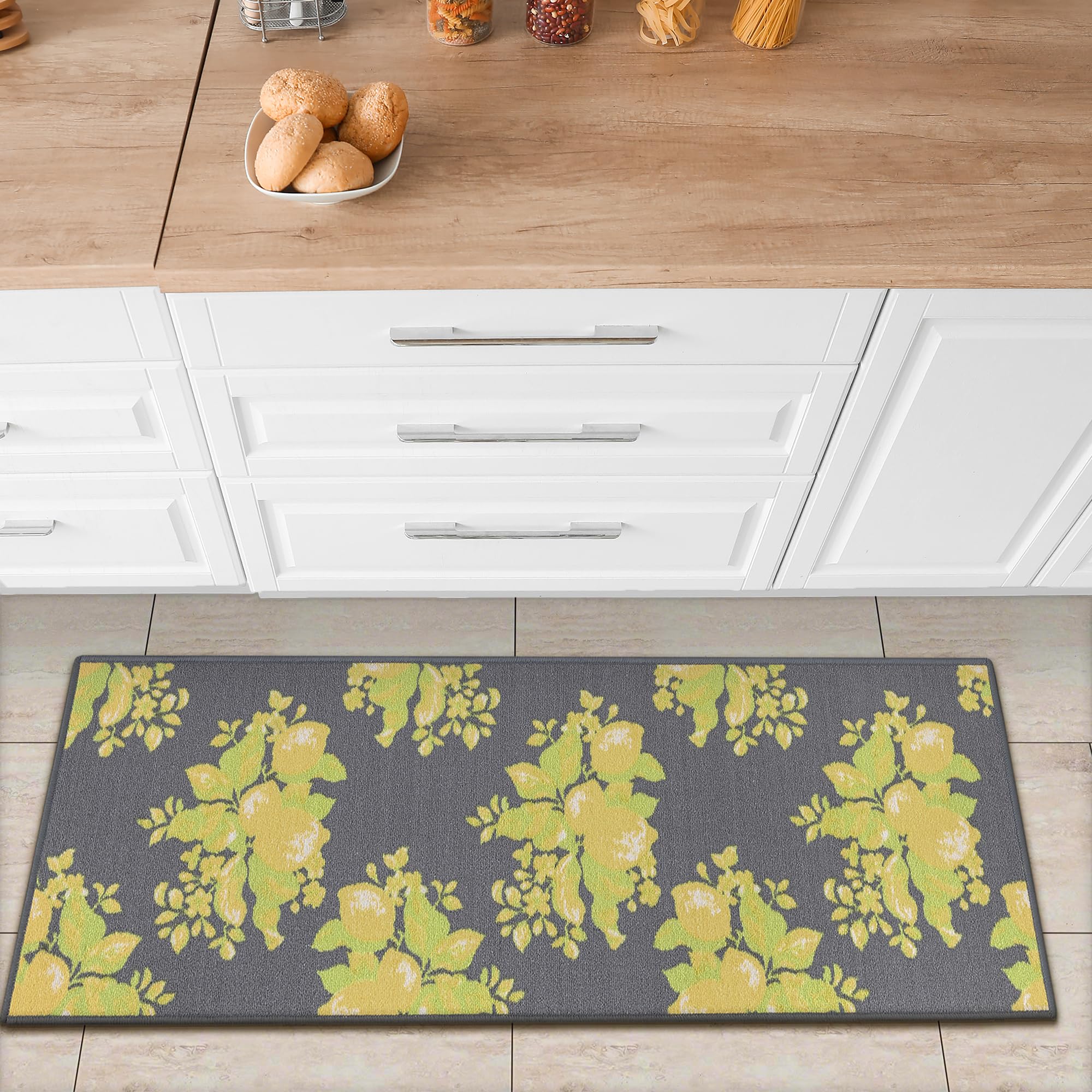 Ottomanson Lemon Collection Non-slip Kitchen Lemon Design Runner Rug , 50 cm x 150 cm, Gray Lemons