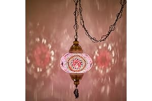 DEMMEX Plug-in Turkish Moroccan Mosaic Hanging Pendant Ceiling Light – Swag Lamp Fixture with 15ft Cord & Chain, Handcrafted Glass, Vintage Tiffany Style, Mediterranean Exotic Decor, (Pink - Red)