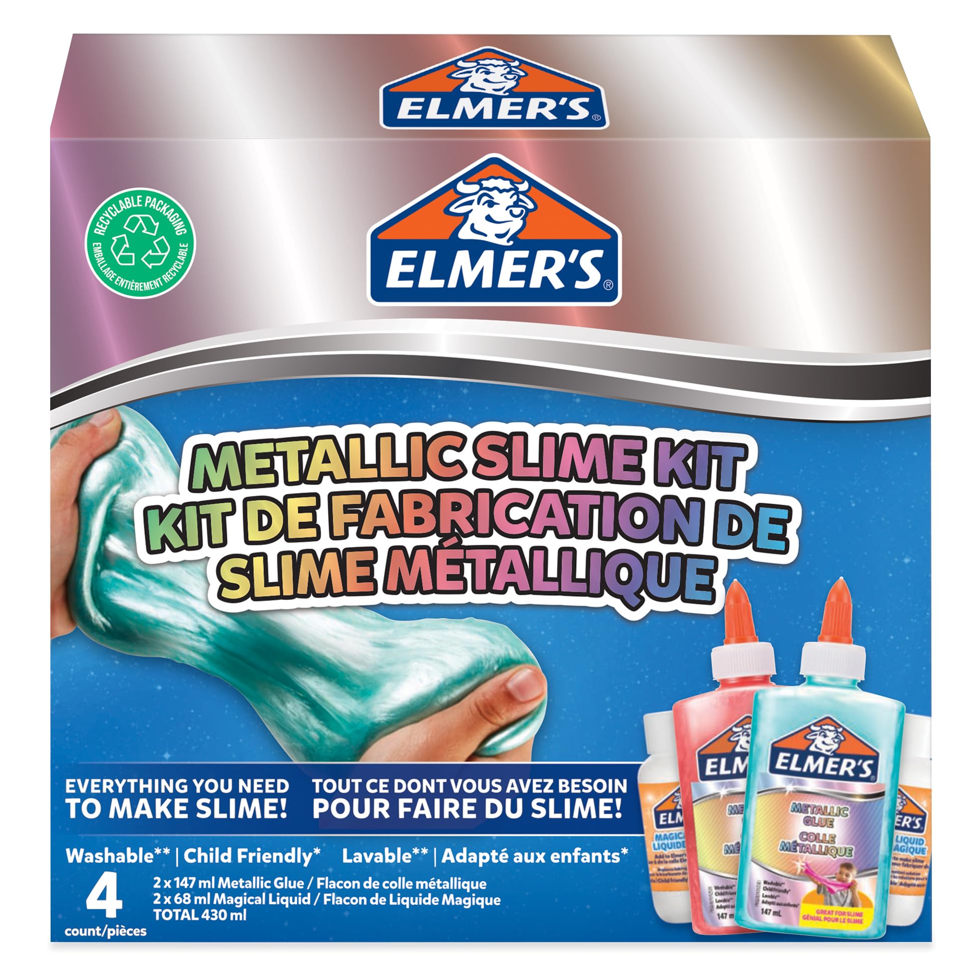 Elmer’s Metallic Slime Kit | Slime Supplies Include Metallic PVA Glue & Magical Liquid Slime Activator | Washable & Kid Friendly | 4 Count