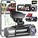 4K+2K+2K 3 Channel Dash Cam Front and Rear, 128GB Card Included, Dash Camera for Cars 5.8G/2.4G Dual Wifi, Built-in GPS, Night Vision, WDR, 170°Wide Angle, G-Sensor Emergency Lock, 24H Parking Monitor