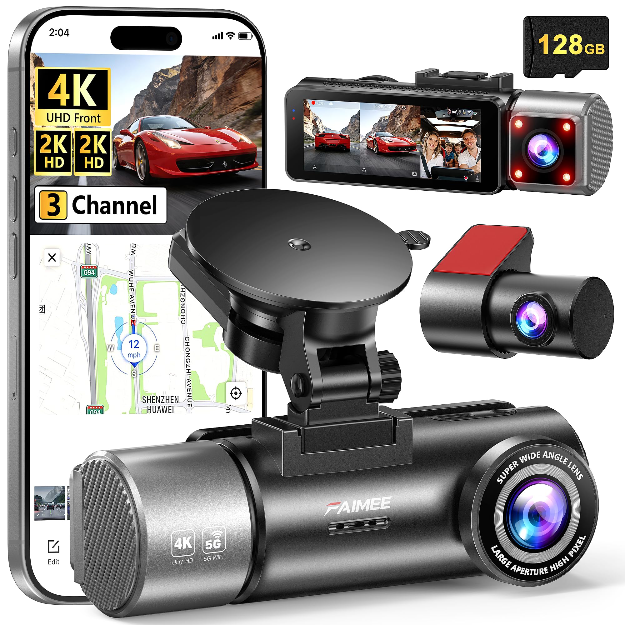 4K+2K+2K 3 Channel Dash Cam Front and Rear, 128GB Card Included, Dash Camera for Cars 5.8G/2.4G Dual Wifi, Built-in GPS, Night Vision, WDR, 170°Wide Angle, G-Sensor Emergency Lock, 24H Parking Monitor Image