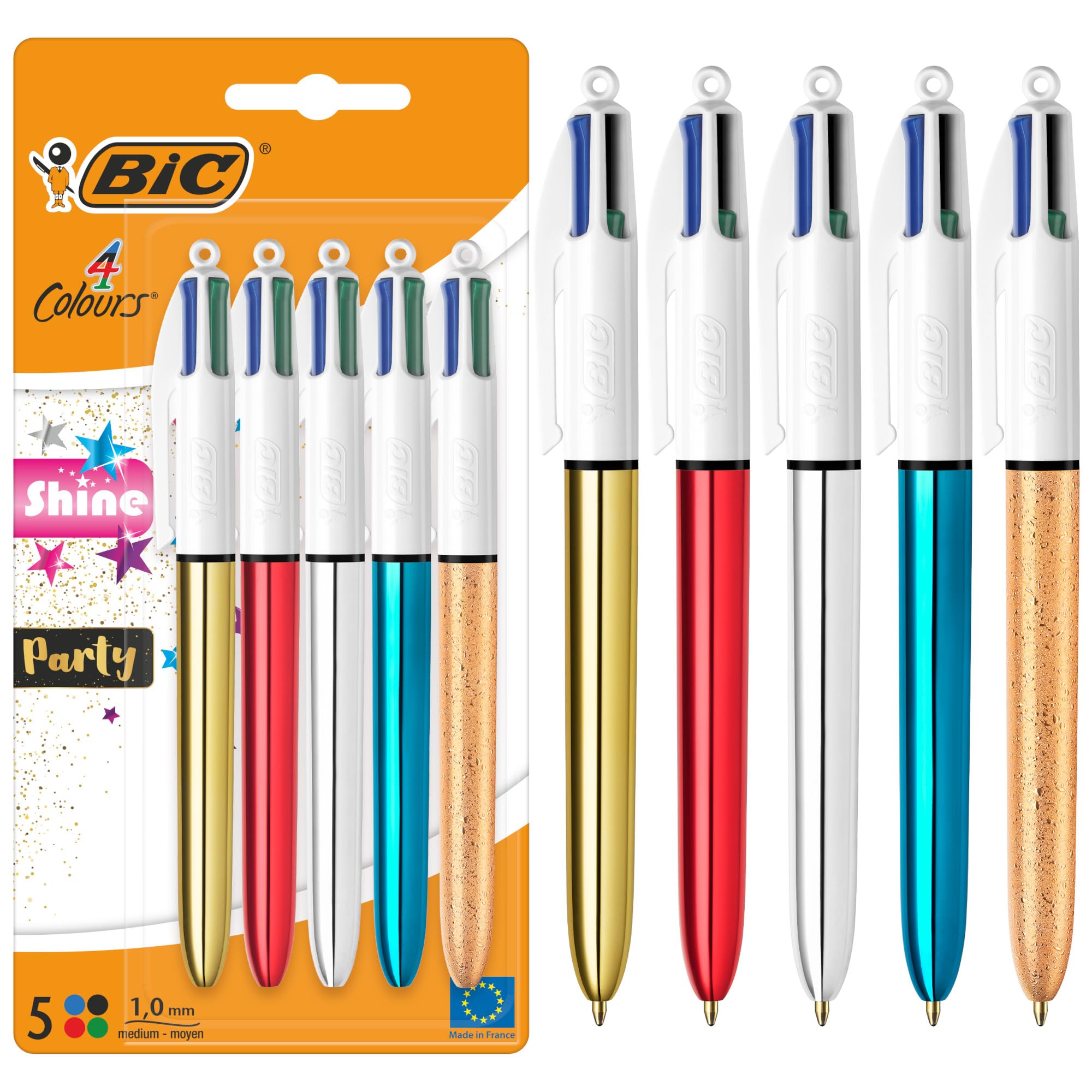 BIC 4 Colours Shine and Party Retractable Ball Pens Medium Point (1.00 mm) in Metallic Silver, Gold, Red, Blue, and Frosty Gold - Pack of 5