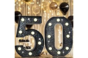 LOVELITE 8.8" Decorative LED Light Up Numbers, Glitter Marquee Numbers Lights for 50th Birthday Decorations, Shiny Lighted Number Sign for Birthday Party Wedding Anniversary Home Decor, Glitter Black 50
