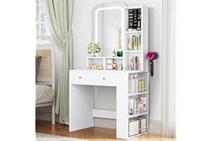 YITAHOME Small Makeup Vanity Desk with Mirror and Adjustable Lights, Vanity Table with Jewelry Foam, Storage Drawer, Shelves, and Side Storage for Bedroom, Dressing Room