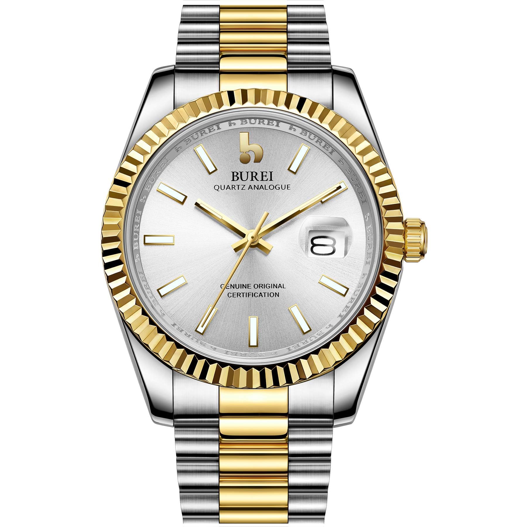BUREI Men's Quartz Watches Analog Display Date Wristwatch Sapphire Glass Lens and Stainless Steel Band (Silver Gold Silver)