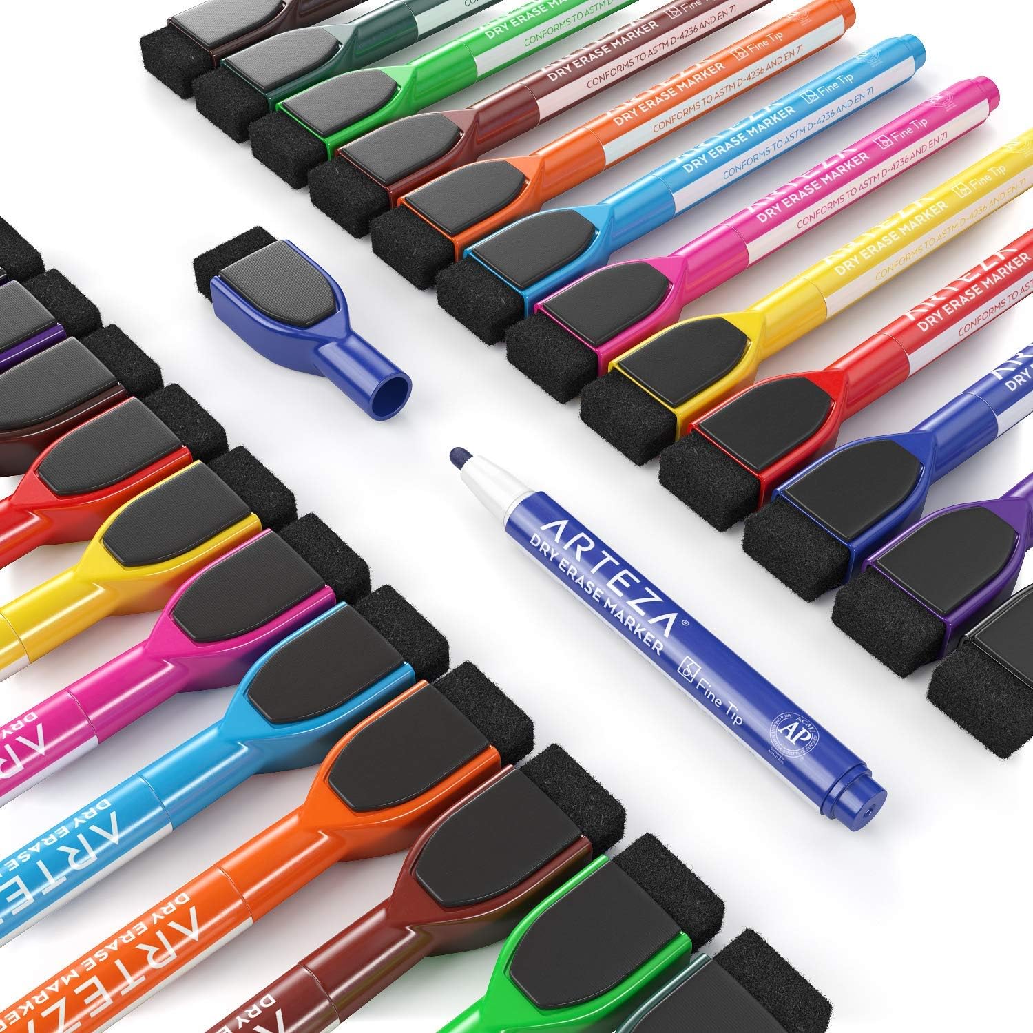 ARTEZA Magnetic Dry Erase Markers with Eraser, Pack of 24 (with Fine Tip), 12 Assorted Colors with Low-Odor Ink, Whiteboard Pens is perfect for School, Office, or Home : Office Products