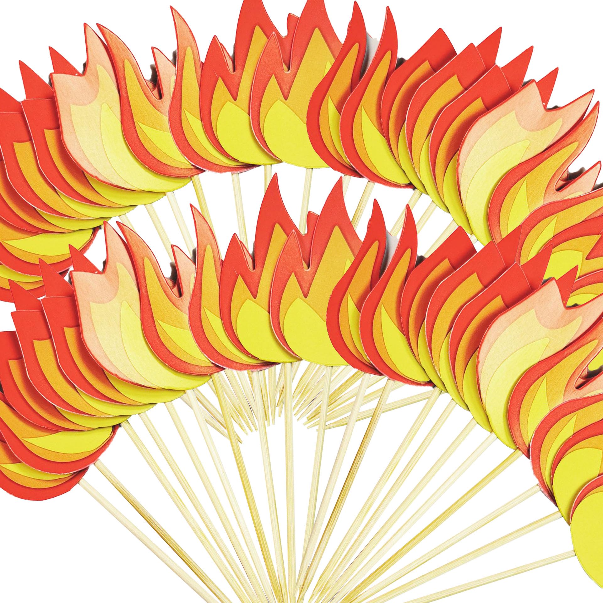 Photo 1 of 50 PCS Fire Cake Decorations Fire Cake Topper Cupcake Toppers for Fire Truck Firefighter Birthday Party Decorations, Paper Cards and Wooden Sticks Fake Campfire, Fire Truck Party Supplies